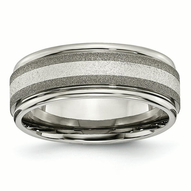 Bridal Titanium Grooved Edge Sterling Inlay 8mm Satin and Polished Band Bridal Titanium Grooved Edge Sterling Inlay 8mm Satin and Polished Band